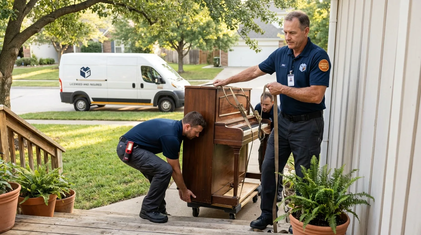 Licensed piano movers securing grand piano in Paw Paw, MI
