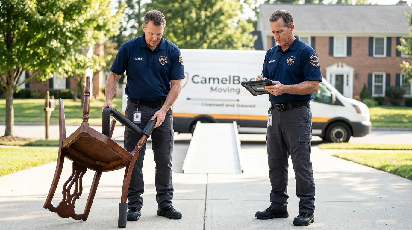Movers inspecting furniture for damage prevention before loading in Paw Paw, MI