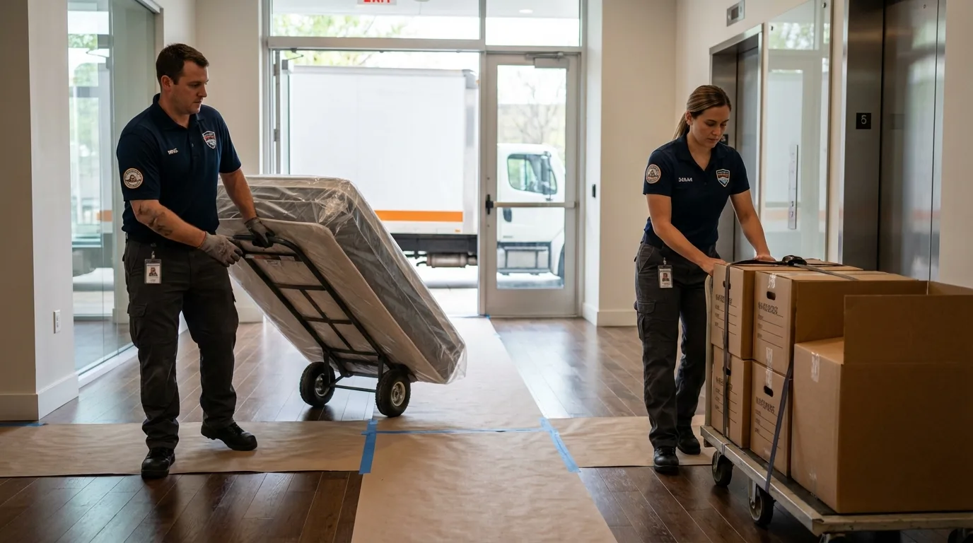 Professional apartment movers loading elevator in Paw Paw, MI