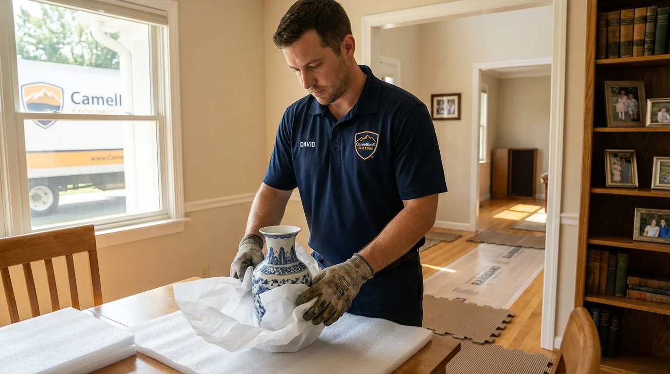 Professional crew carefully wrapping antique vase for senior downsizing move in Paw Paw, MI